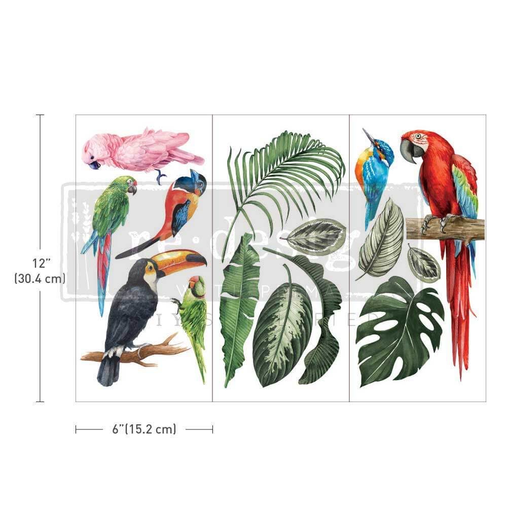 transferovy obrazok na nabytok s tropickým motívom vtákov papagájov